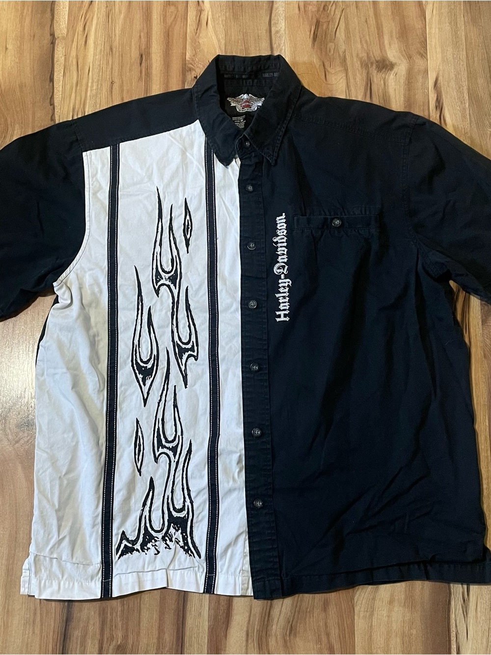 Harley Davidson Flame Panel Button Down Mechanic Shirt Gothic Spellout Biker XL